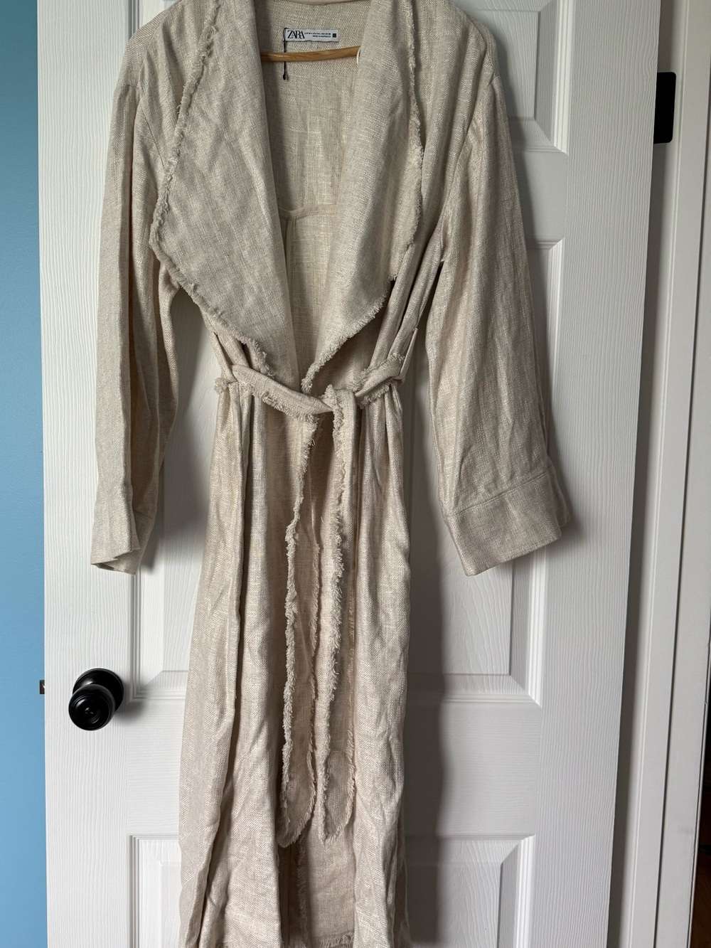 ZARA Cream Linen Duster with Frayed Belt NWOT